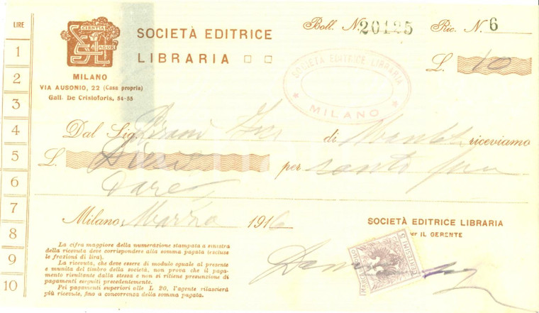 1916 MILANO Società Editrice Libraria *Ricevuta con timbro