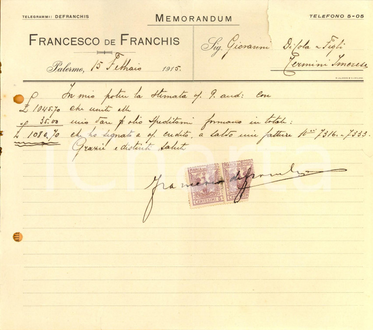 1915 PALERMO Ditta Francesco DE FRANCHIS Memorandum manoscritto *Carta INTESTATA