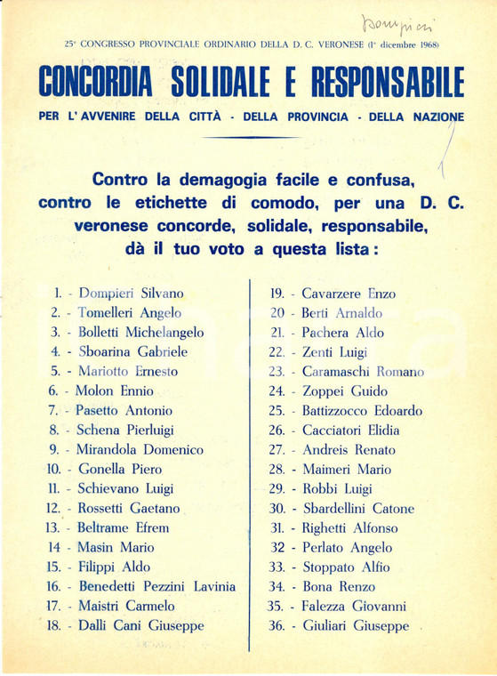 1968 VERONA XXV Congresso Provinciale DC Lista Concordia solidale responsabile 