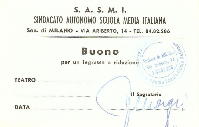 1955 ca MILANO Sindacato Autonomo Scuola Media SASMI Buono ingresso a teatro (6)