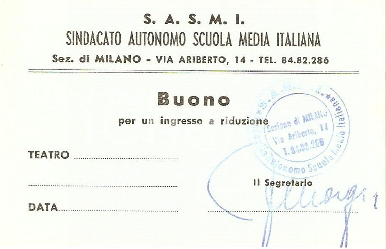 1955 ca MILANO Sindacato Autonomo Scuola Media SASMI Buono ingresso a teatro (5)