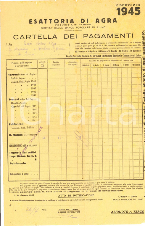 1945 RSI AGRA (VA) Cartella dei pagamenti per terreni -Banca popolare LUINO