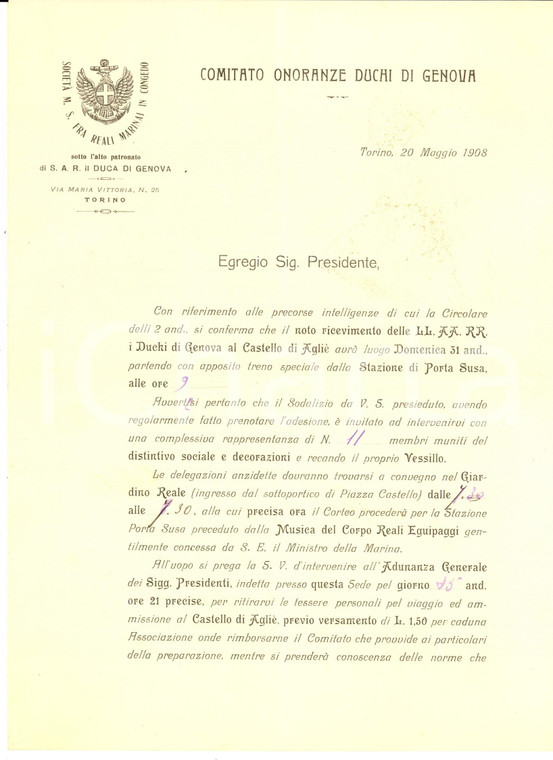 1908 TORINO Comitato Onoranze DUCHI DI GENOVA *Lettera per ricevimento