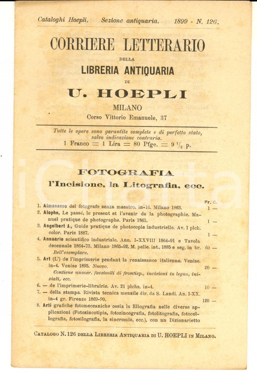 1899 MILANO Libreria antiquaria Ulrico HOEPLI Catalogo 126 Fotografia litografia
