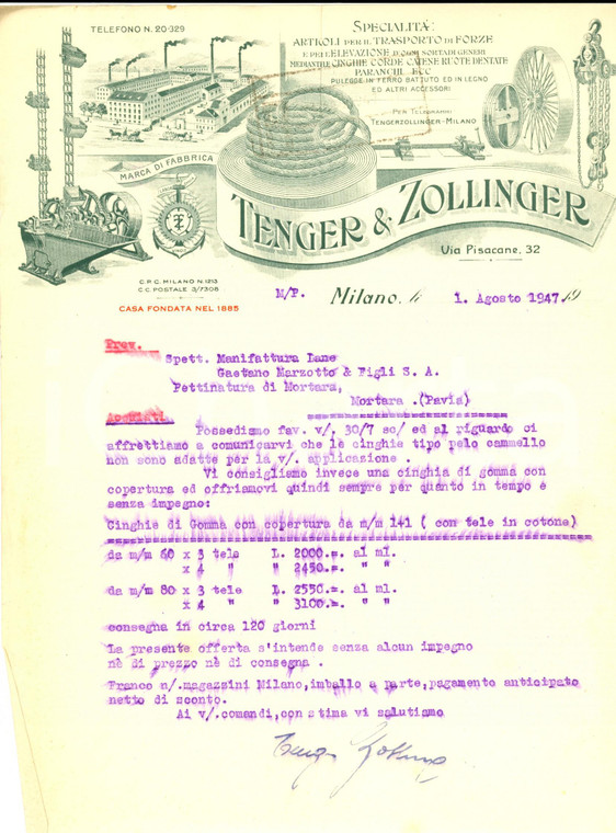 1947 MILANO Ditta TENGER & ZOLLINGER - Preventivo per cinghie di gomma