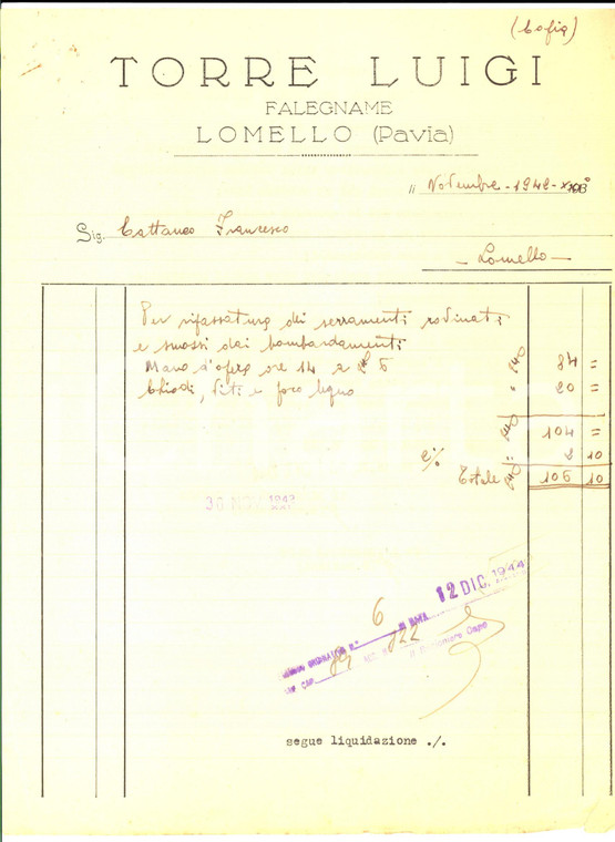 1942 LOMELLO (PV) Falegname Luigi TORRE *Fattura intestata per serramenti