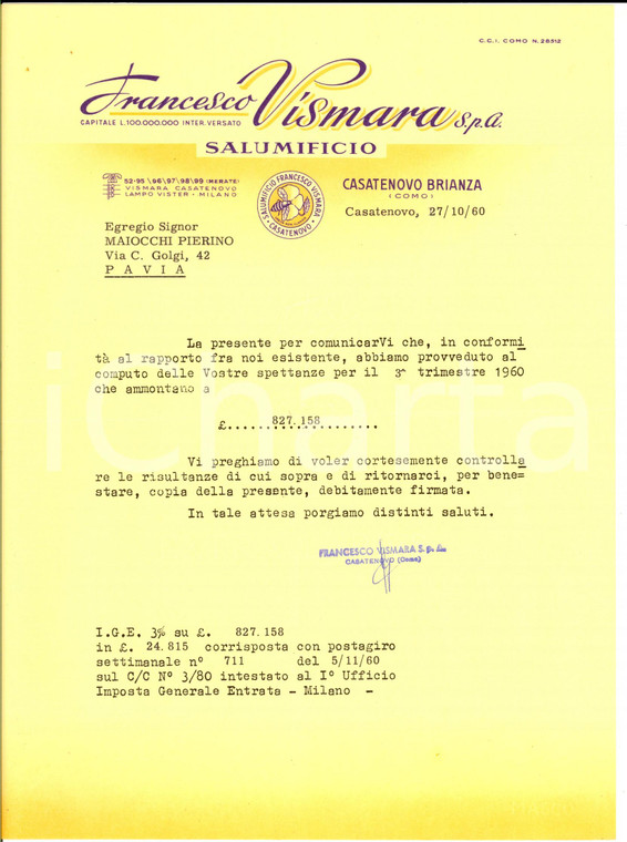 1960 CASATENOVO - Ditta Francesco VISMARA - Provvigioni rappresentante