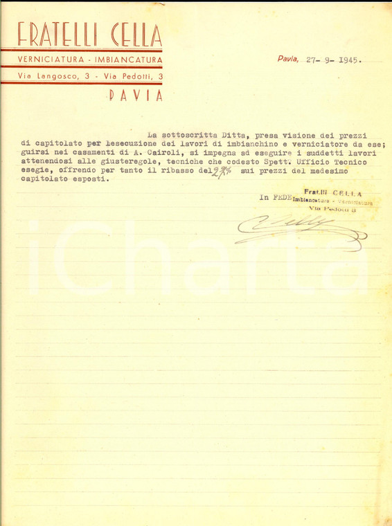 1945 PAVIA Fratelli CELLA Verniciatura imbiancatura - Lettera commerciale