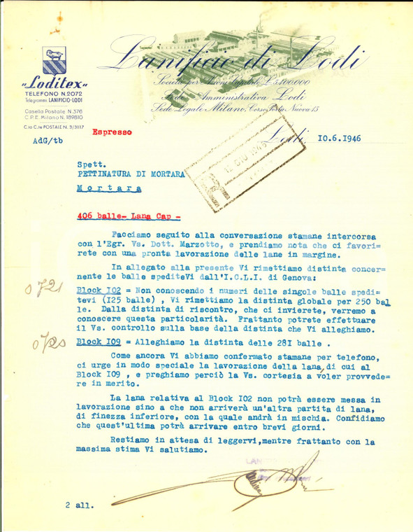 1946 LANIFICIO DI LODI Lettera commerciale per spedizione lane ^Carta intestata