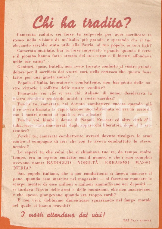 1943 PROPAGANDA RSI Non bisogna dimenticare chi ha tradito *EBREI BADOGLIO (2)