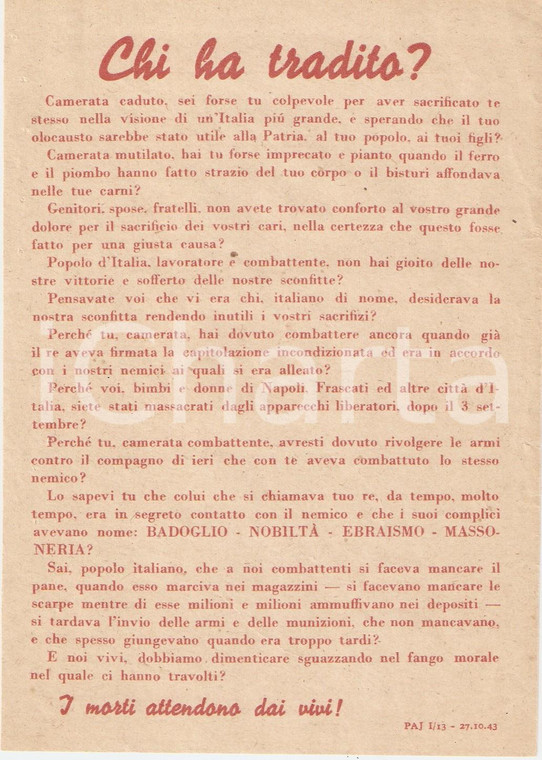 1943 PROPAGANDA RSI Non bisogna dimenticare chi ha tradito *EBREI BADOGLIO (10)