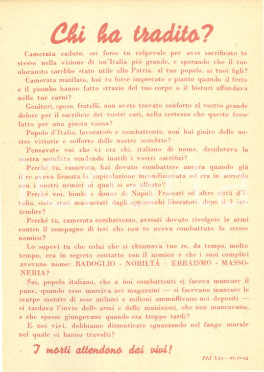 1943 PROPAGANDA RSI Non bisogna dimenticare chi ha tradito *EBREI BADOGLIO (11)