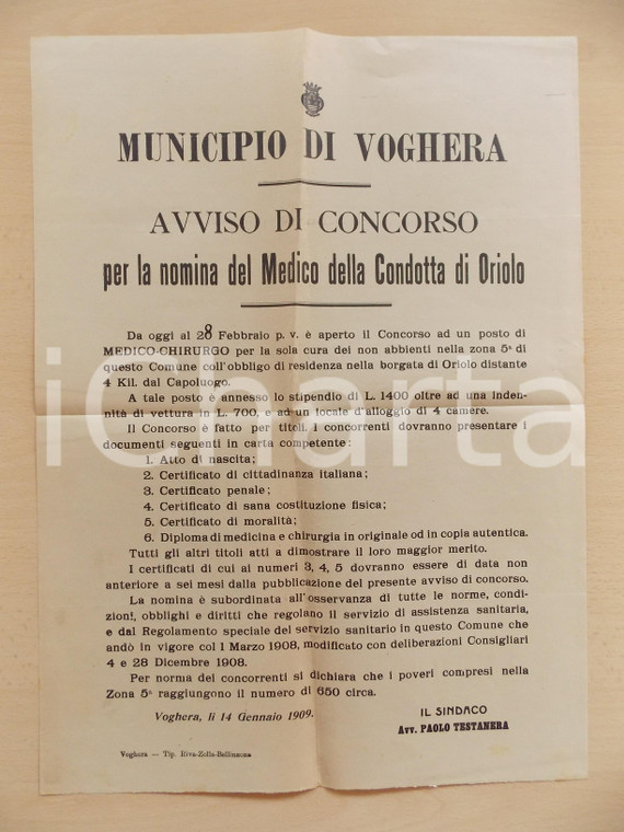 1909 VOGHERA (PV) Concorso per medico condotta di ORIOLO *Manifesto 32x44 cm