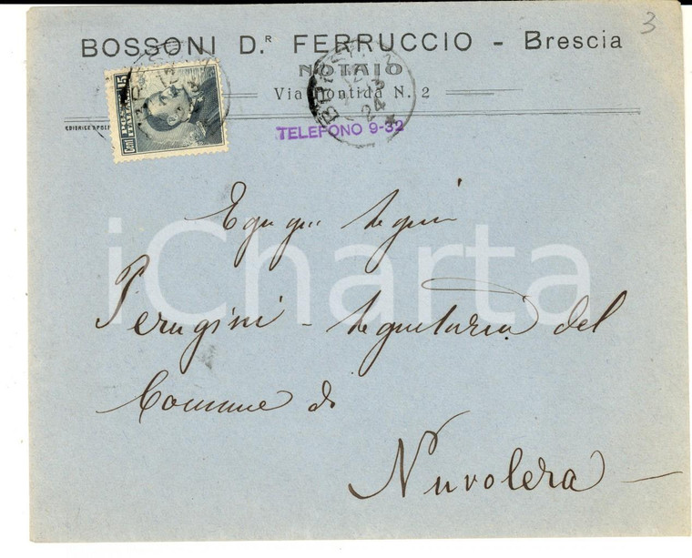 1913 STORIA POSTALE BRESCIA Busta notaio Ferruccio BOSSONI Affrancatura 15 cent.