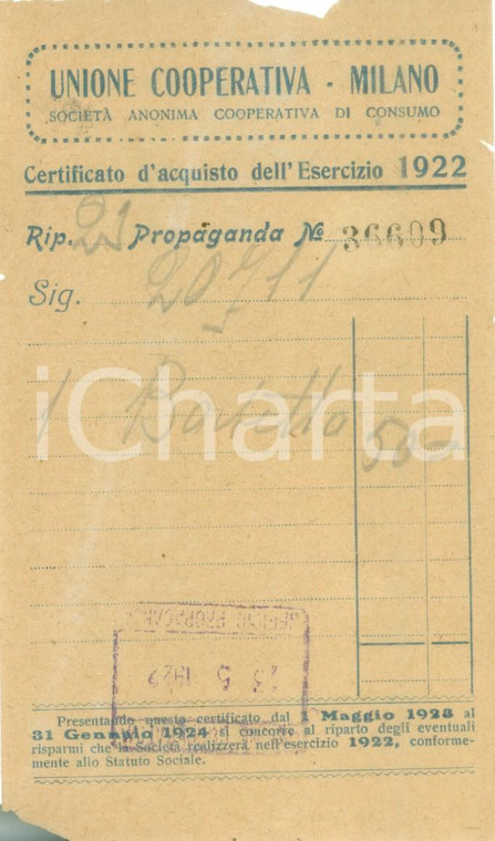 1922 MILANO Unione Cooperativa di Consumo *Certificato di acquisto DANNEGGIATO