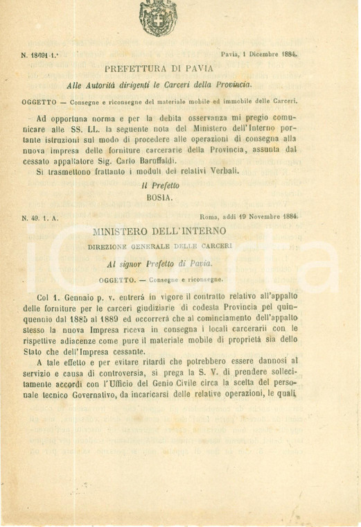 1884 PAVIA Norme per consegne materiale mobile e immobile delle Carceri (1)