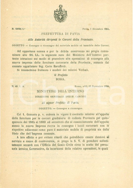 1884 PAVIA Norme per consegne materiale mobile e immobile delle Carceri (2)