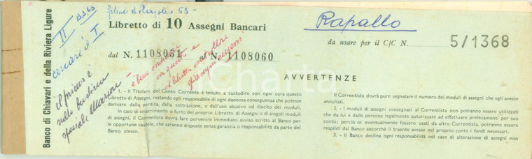 1960 ca RAPALLO (GE) Banco di CHIAVARI Libretto 10 assegni bancari