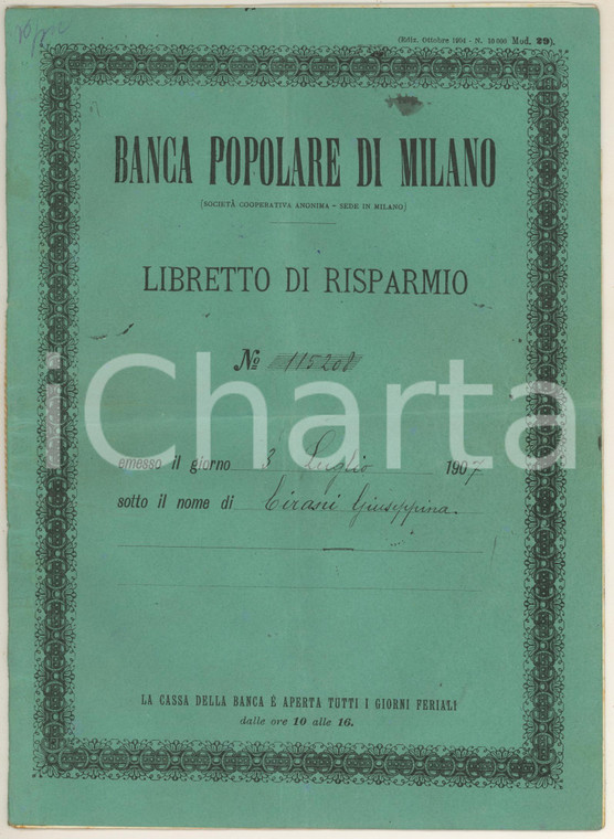 1907 BANCA POPOLARE DI MILANO - Libretto di risparmio al portatore