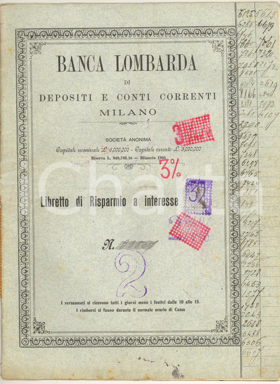 1908 MILANO - BANCA LOMBARDA - Libretto di risparmio a interesse