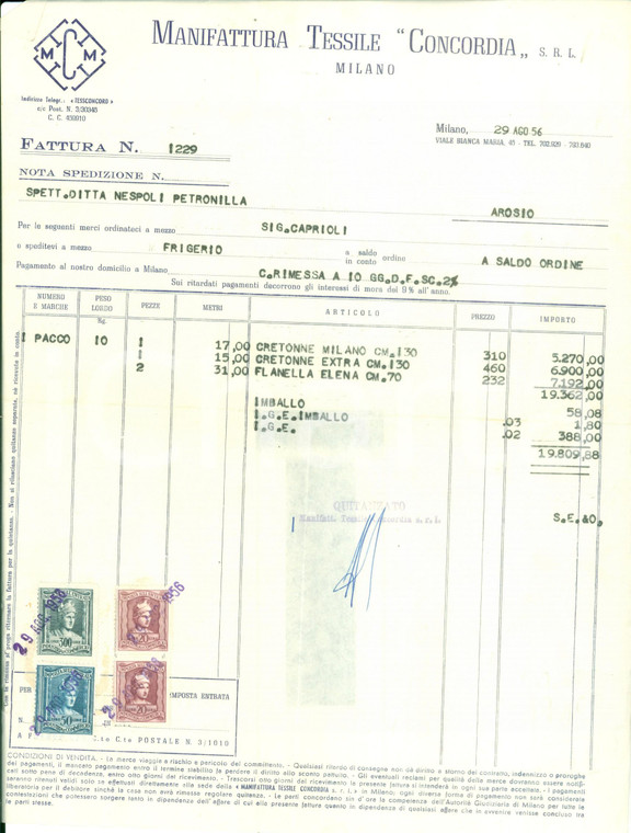 1956 MILANO Manifattura Tessile CONCORDIA *Fattura intestata per cretonne