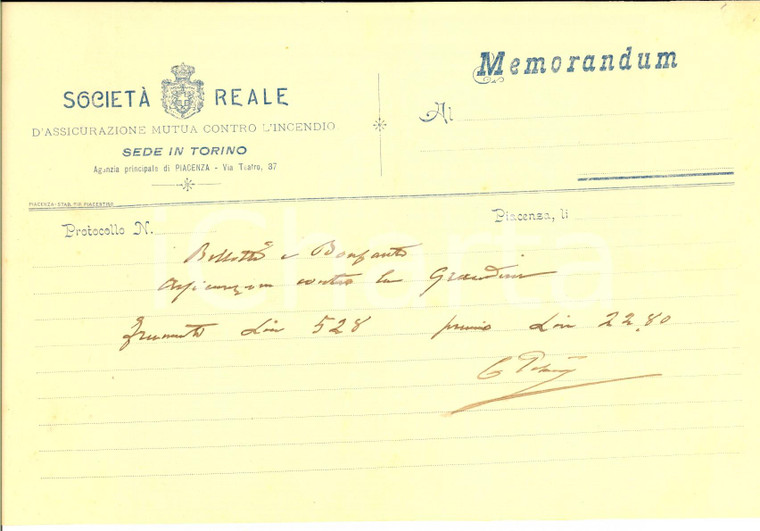 1910 ca PIACENZA Società Reale Assicurazione mutua contro l'incendio *Memorandum