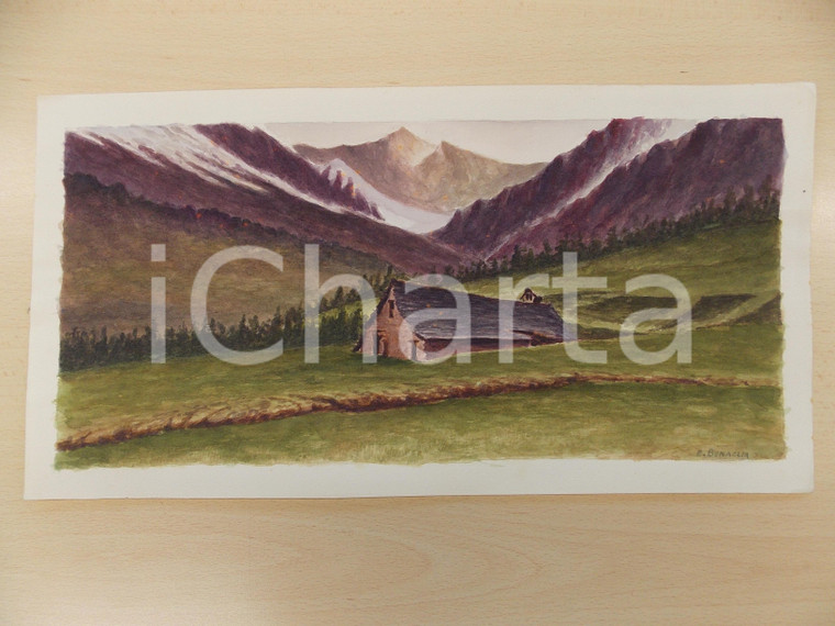 1950 ca ARTE Paesaggio con baita in montagna *Acquerello E. BONAGLIA 40 x 22 cm