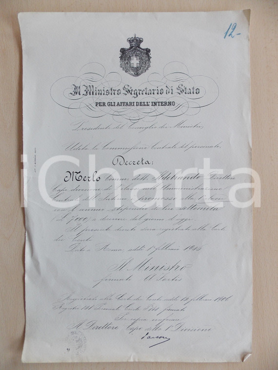 1906 ROMA Ministero dell'Interno - Promozione direttore Ildebrando MERLO