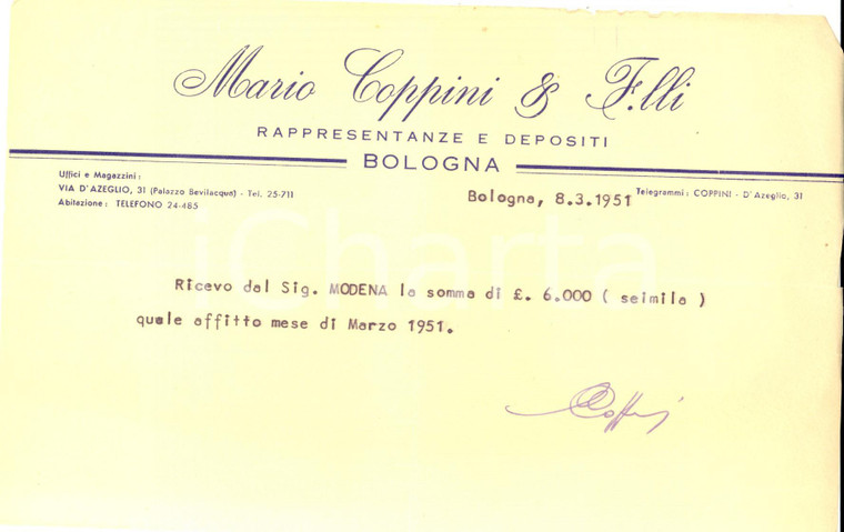 1951 BOLOGNA Mario COPPINI & F.lli Rappresentanze e depositi *Ricevuta 