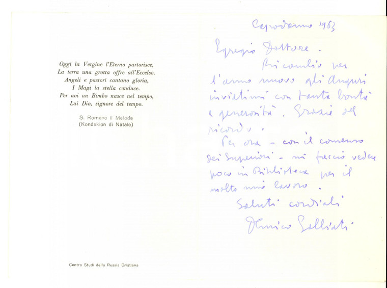 1963 MILANO Auguri don Enrico GALBIATI prefetto Biblioteca AMBROSIANA Autografo