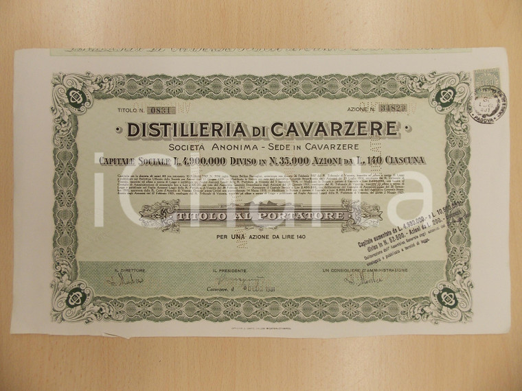 1931 DISTILLERIA DI CAVARZERE (VE) Certificato azionario al portatore (2)