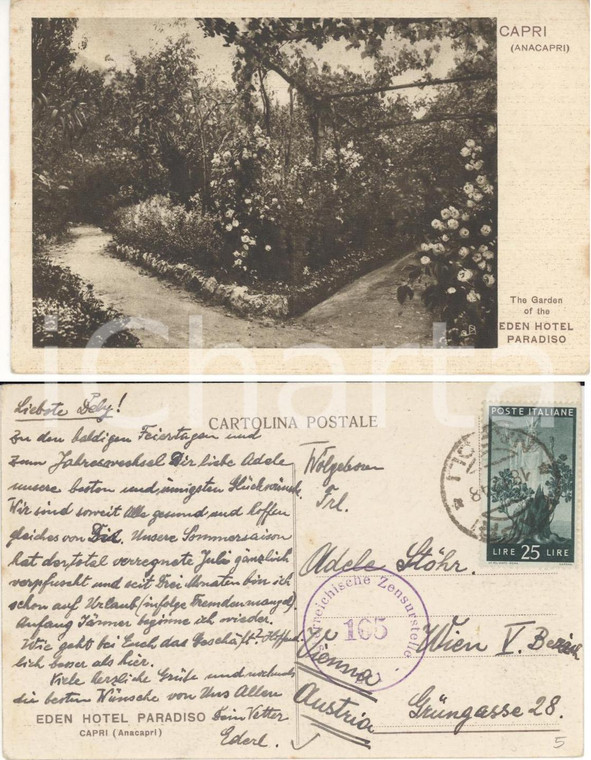 1948 CAPRI (NA) Cartolina EDEN HOTEL PARADISO *STORIA POSTALE Affrancatura L. 25
