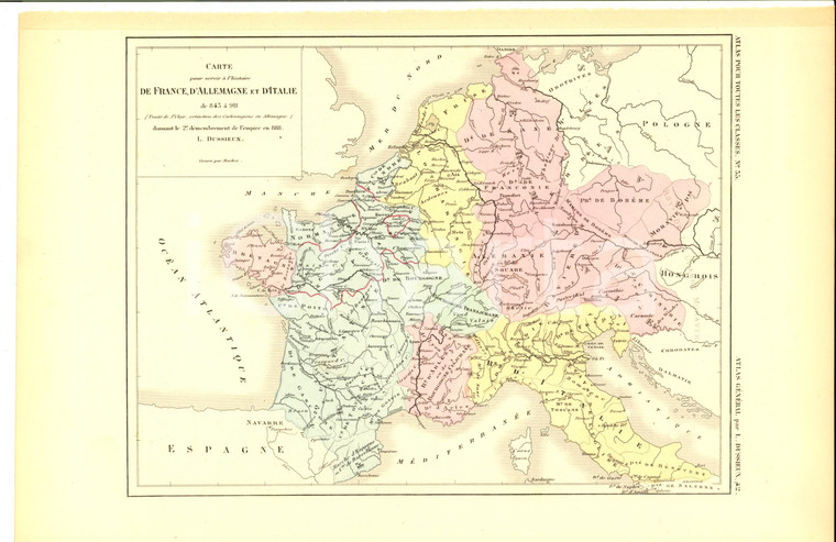 1875 PARIS M. L. DUSSIEUX Atlas de géographie *Carte FRANCE ALLEMAGNE ITALIE