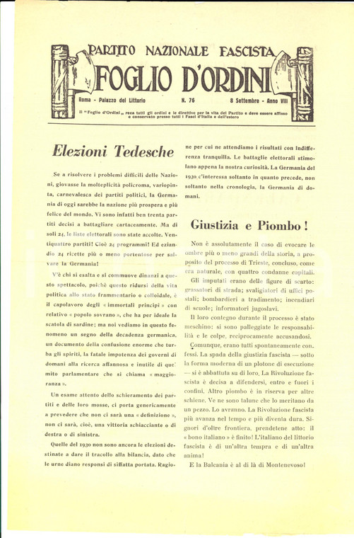 1930 PNF Foglio d'ordini - Giustizia e piombo al processo di Trieste n° 76