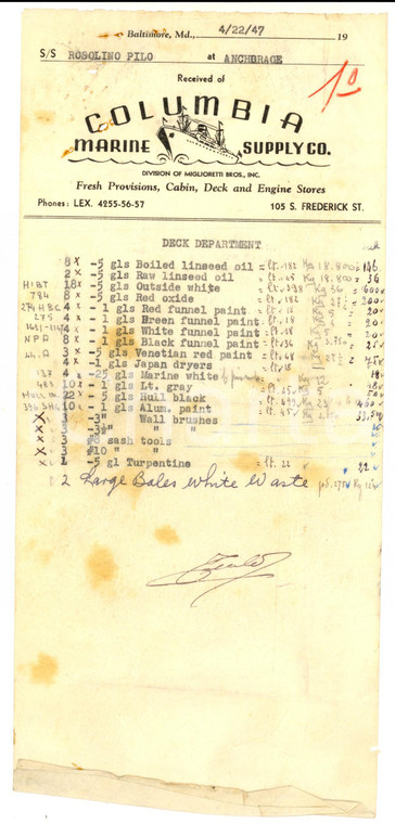 1947 BALTIMORA - COLUMBIA MARINE Piroscafo "Rosolino PILO" Ricevuta merci (1)