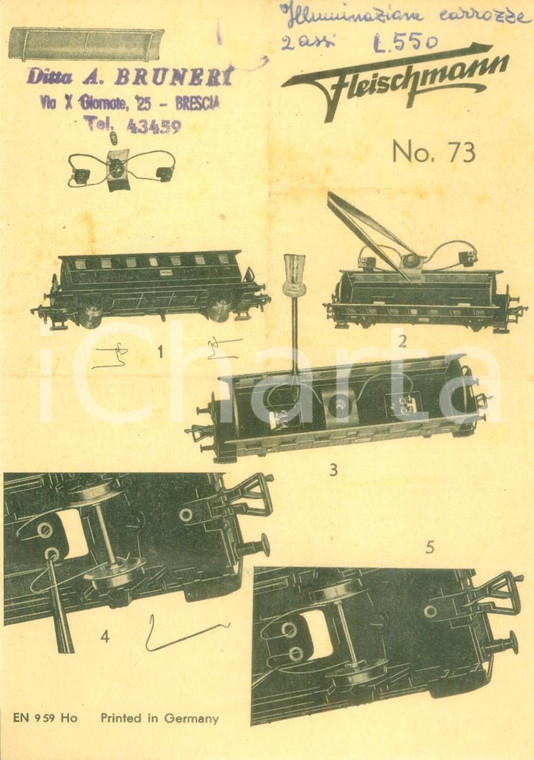 1959 BRESCIA Ditta BRUNERI Illuminazione carrozze treni FLEISCHMANN *Volantino