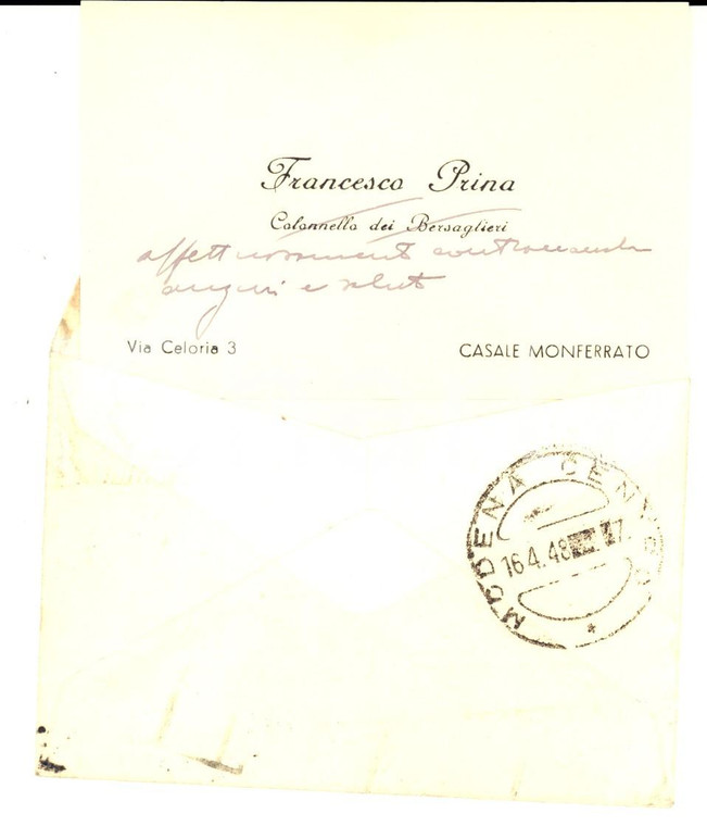 1948 CASALE MONFERRATO Biglietto da visita Francesco PRINA gen. BERSAGLIERI