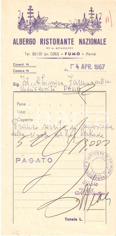 1967 FUMO (PV) Albergo Ristorante Nazionale *Ricevuta ILLUSTRATA 11x22 cm