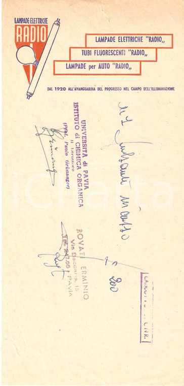 1965 ca PAVIA Ditta Erminio ROVATI Lampade elettriche RADIO *Ricevuta 10x21