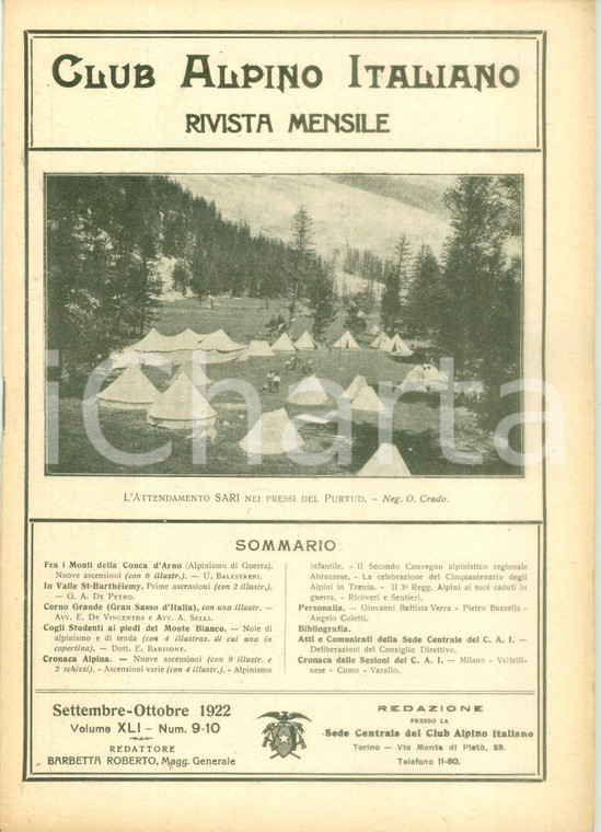 1922 RIVISTA CLUB ALPINO ITALIANO Fra i monti Conca d'ARNO *Rivista XLI n. 9-10