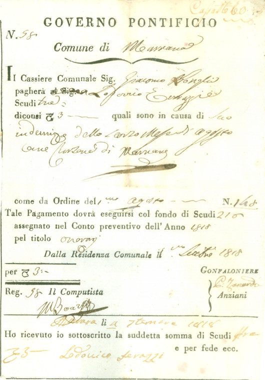 1818 FERRARA Onorario Lodovico TERRAZZI cursore di MARRARA *Documento