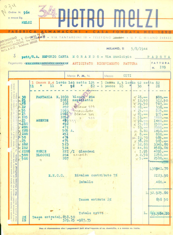 1944 MILANO Pietro MELZI Fabbrica almanacchi *Fattura commerciale