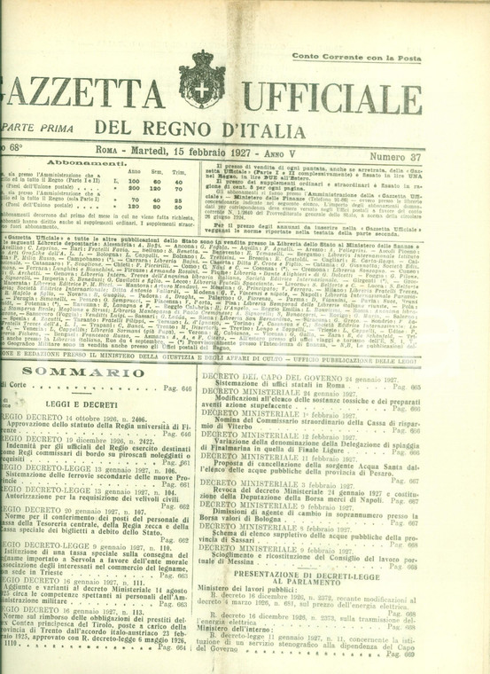1927 GAZZETTA UFFICIALE DEL REGNO D'ITALIA Statuto Regia Università di FIRENZE