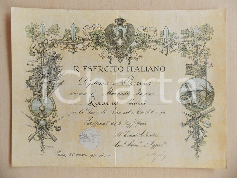 1929 PAVIA Diploma Maresciallo Teodulo LOCARNO per gara tiro col moschetto