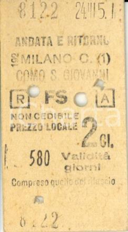 1951 FF.SS. MILANO - COMO SAN GIOVANNI Biglietto andata e ritorno 2^ classe