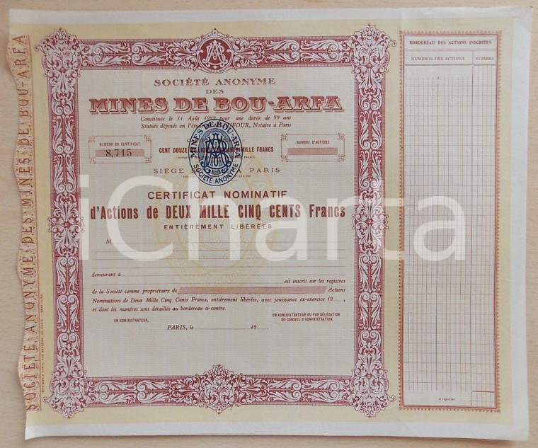 1922 MINES DE BOU-ARFA (MAROC) Certificat nominatif 2500 francs (2)