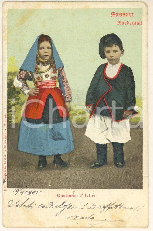 1905 ITTIRI (SS) COSTUMI SARDI Bambini in abito tradizionale *Cartolina FP