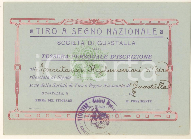 1912 GUASTALLA Tiro a segno nazionale - Tessera personale d'iscrizione 15x10 cm