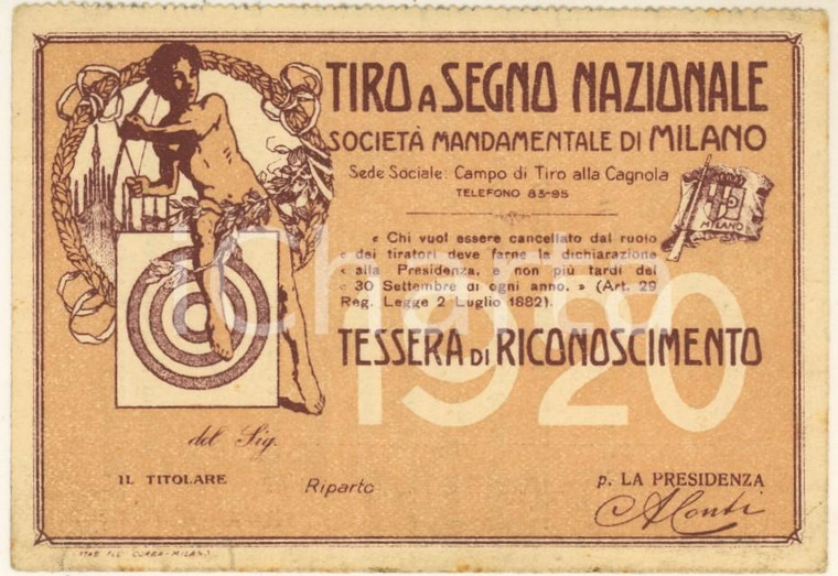 1920 MILANO Poligono della CAGNOLA Tessera Mario PAGANI Tiro a segno