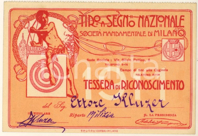 1911 MILANO Poligono della CAGNOLA Tessera Ettore KLUZER - Tiro a segno